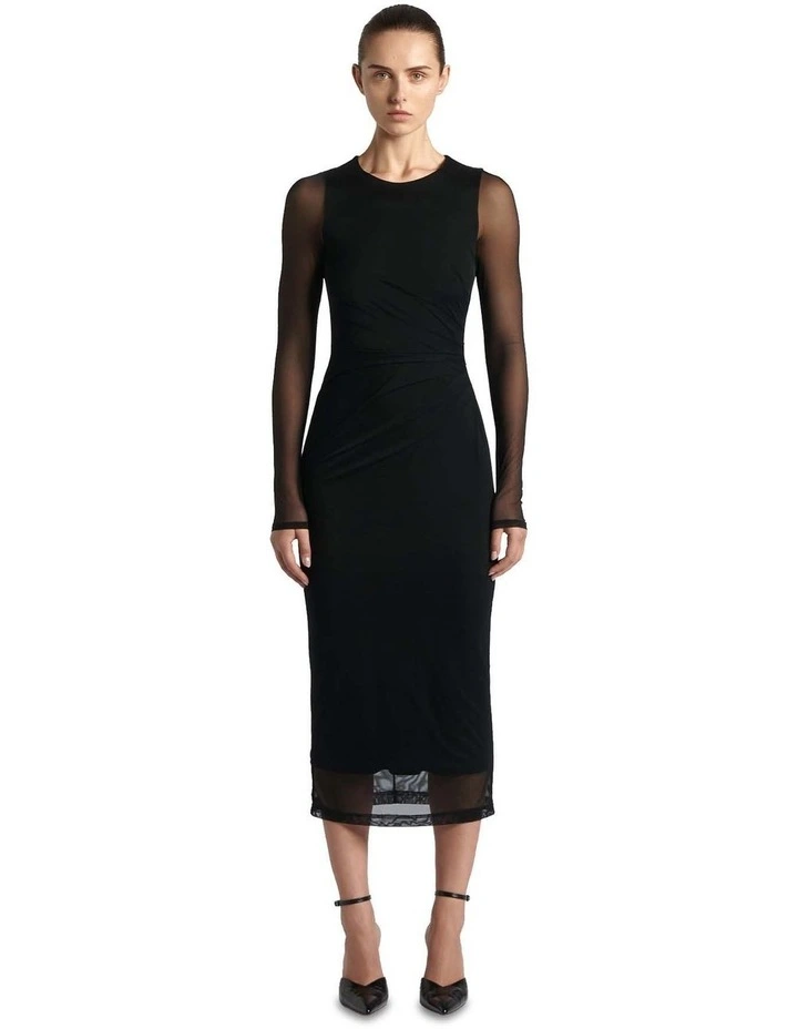 Gathered Mesh Pencil Dress in Black