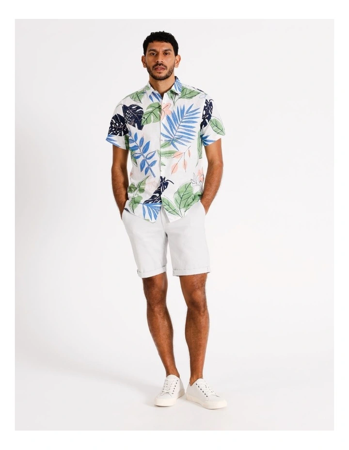 Lennox Floral Print Short Sleeve Linen Blend Shirt in Beige