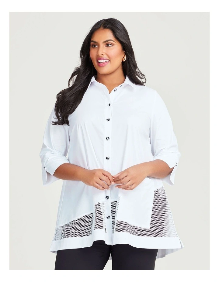 Mesh Trim Stretch Cotton Shirt in White