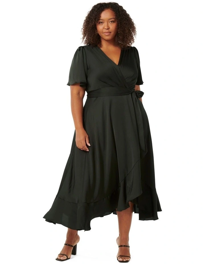 Sienna Satin Wrap Ruffle Dress in Green