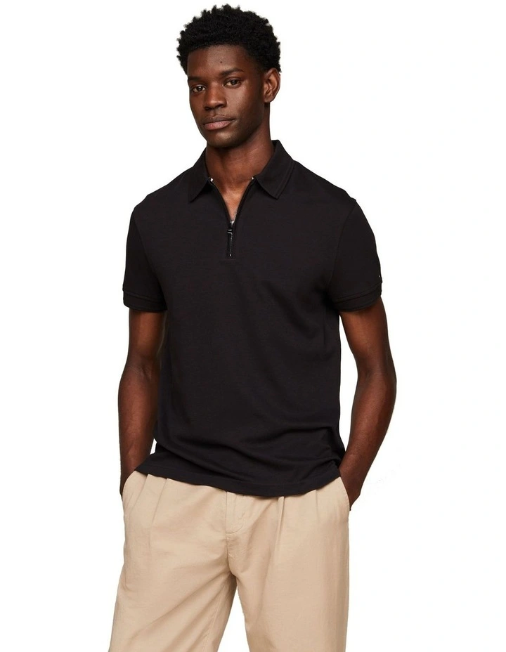 Dressed Casual Interlock Zip Slim Polo Shirt in Black
