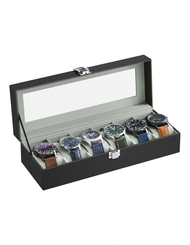 6 Slot Watch Box with Glass Lid Removable Watch Pillows Case in Black