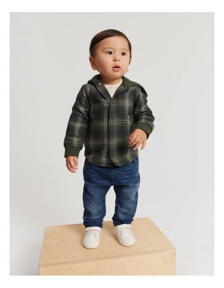 Australian Cotton Check Hooded Shirt in Khaki Green