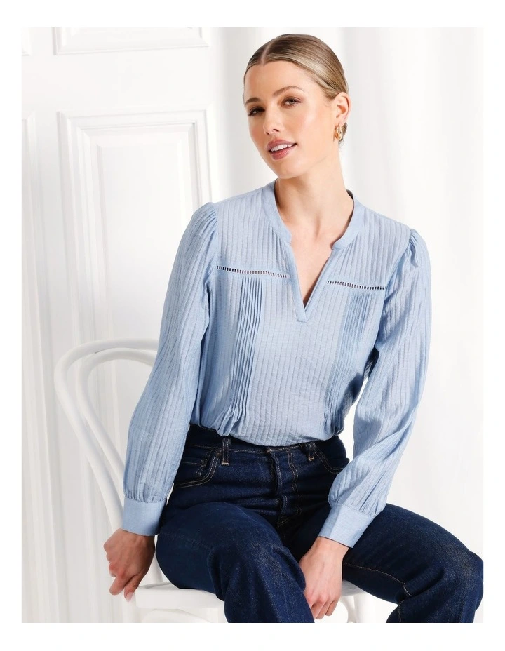 Long Sleeve Pintuck Ladder Trim Top in Light Blue
