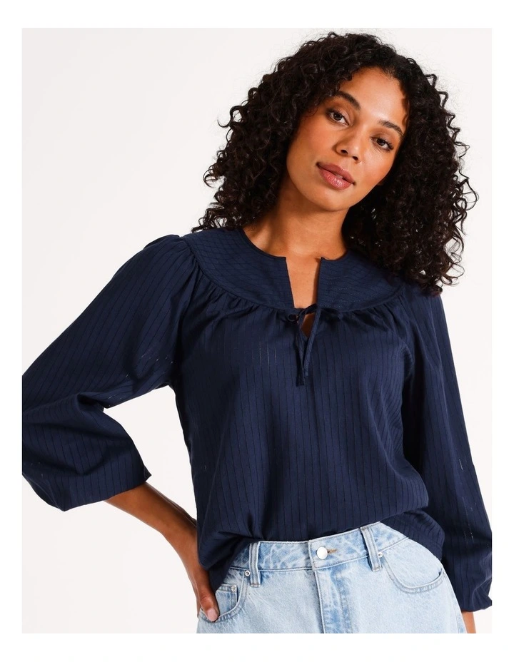 Top Stitched Yoke Long Sleeve Blouse in Navy