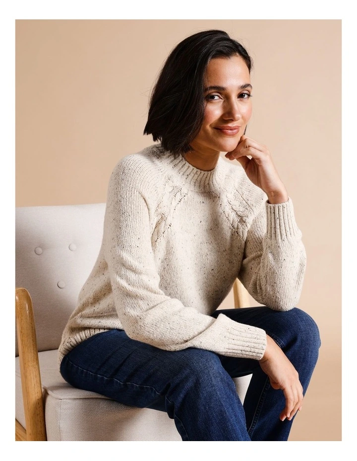 Twin Cable Armhole Jumper With Curved Hem In Ivory Fleck