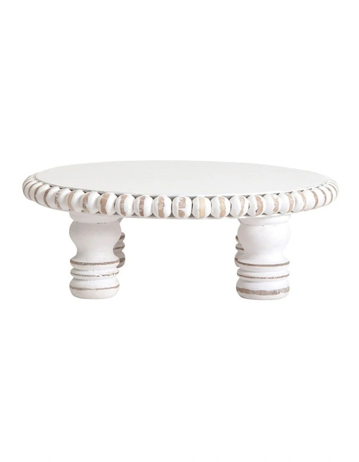 Medium Handcrafted Mango Wood Round Beaded Stand in Distressed White
