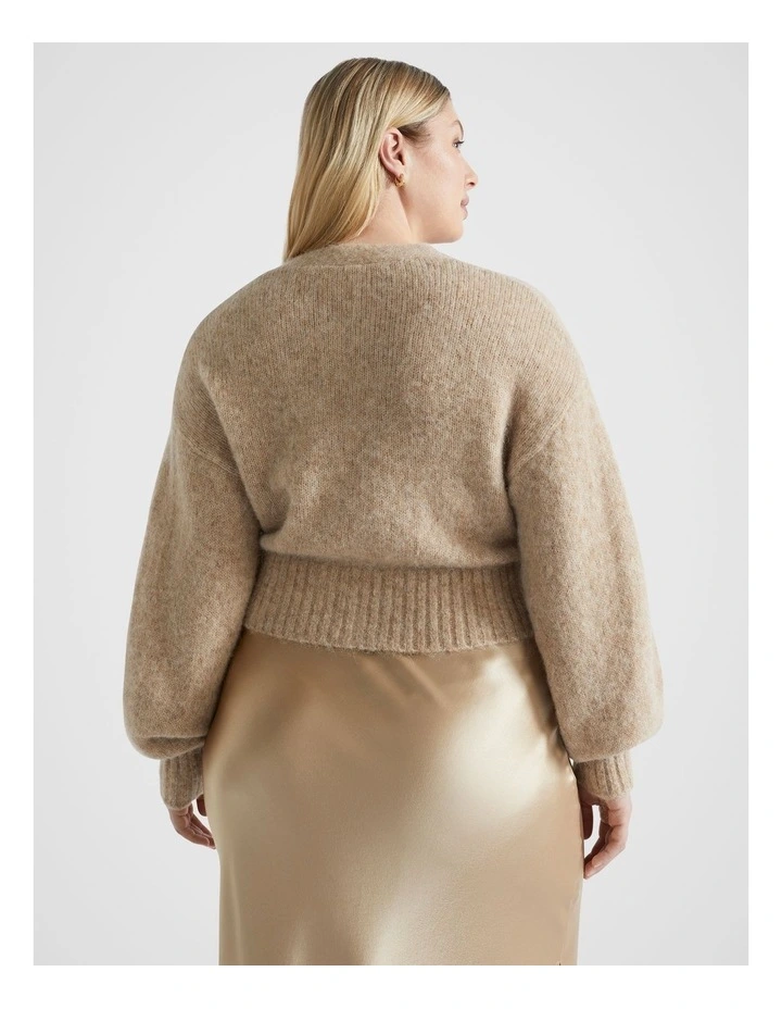Wool Blend V Neck Knit in Champagne Beige Marle