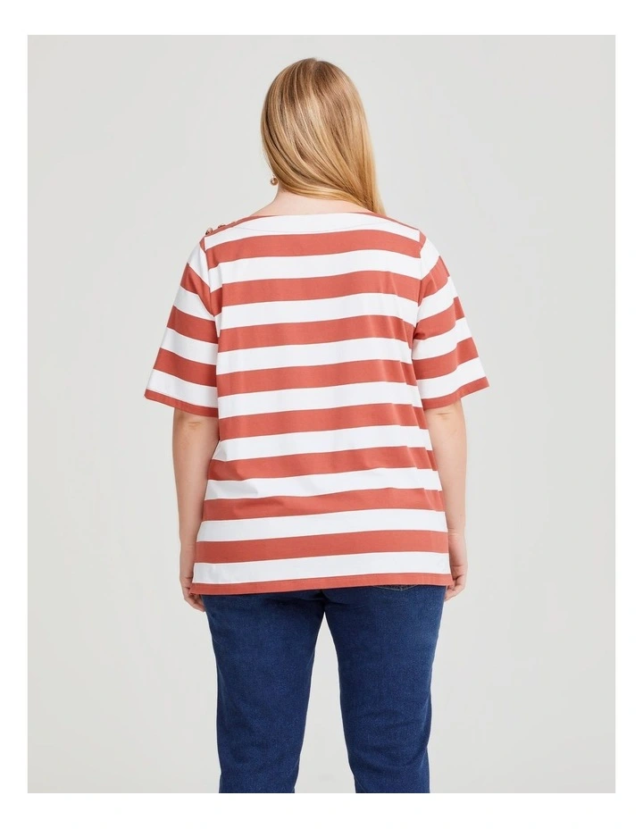 Cotton Block Stripe Button Top in Terracotta/Off White