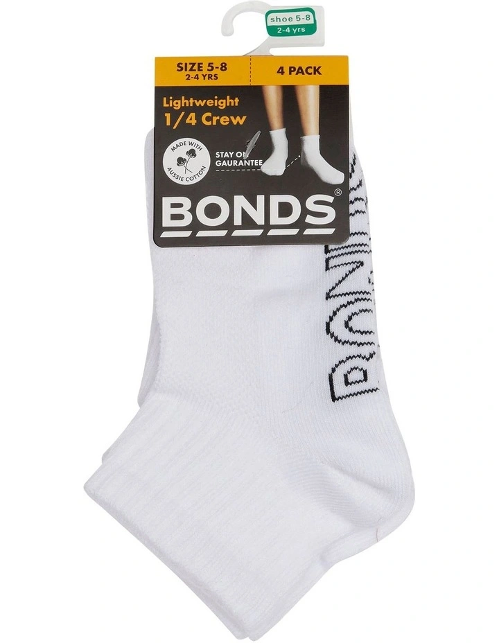 Kids Logo Light Quarter Crew Socks 4 Pack in White