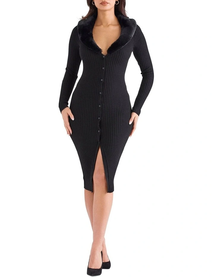 Raine Faux Fur Trim Dress in Black