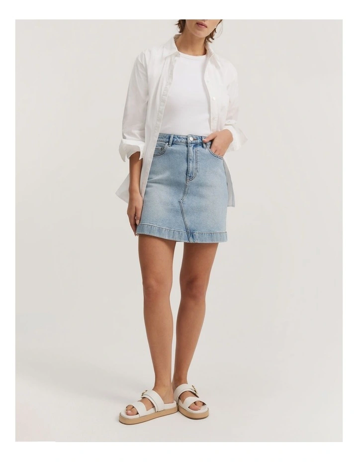 Australian Cotton Blend Denim Mini Skirt in Aged Soft Wash