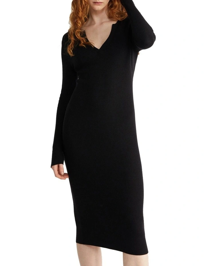 Rib Open Neck Dress in Black