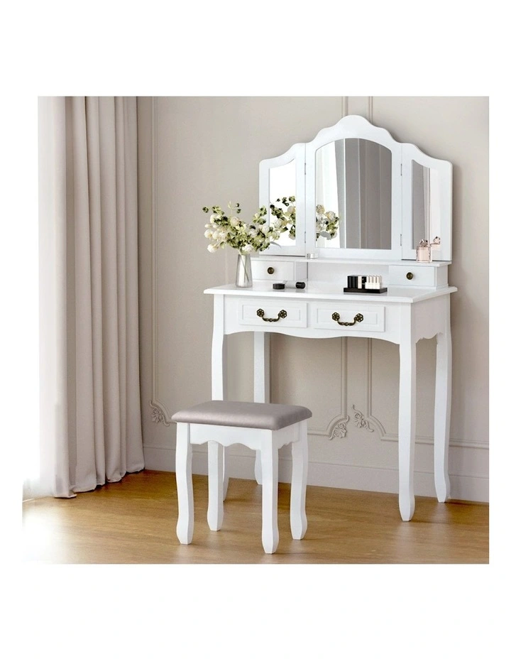 Foldable Mirror Dressing Table Stool Set in White