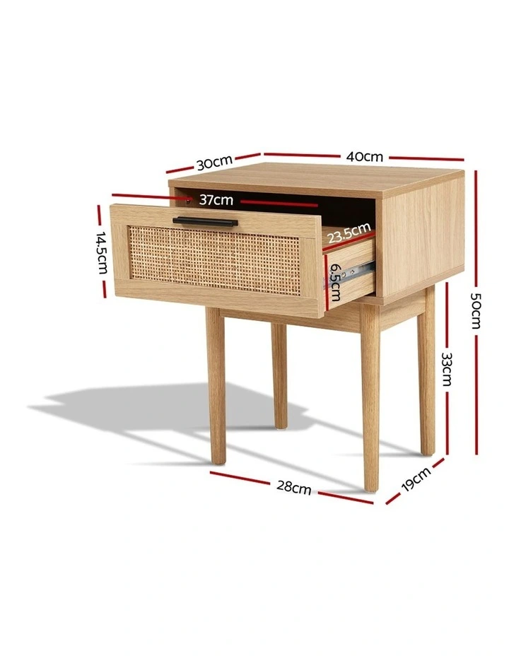 Bedside Tables Table 1 Drawer Storage Cabinet Rattan Wood Nightstand