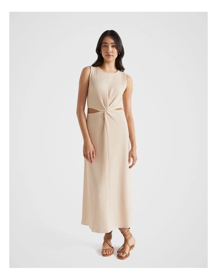 Two Tone Rib Twist Dress in Soft Wheat