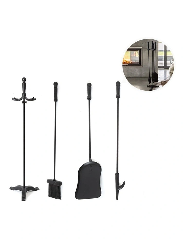 Fireplace Tool Set 4 Piece Poker Brush Shovel Stand Cast Iron