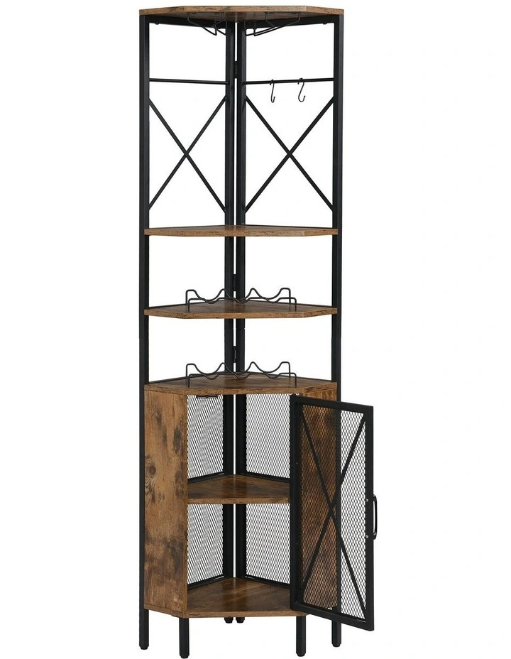 6-Tier Pentagon Corner Shelf with Storage Cabinet in Rustic Dark Brown