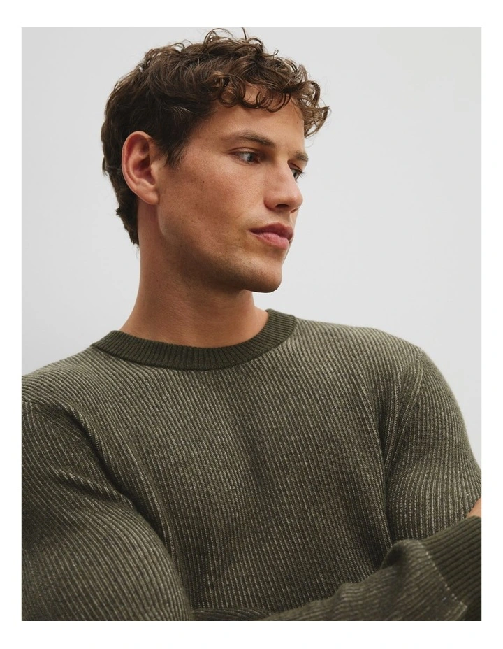 Cashmere Blend Crew Neck Knit Sweater in Khaki Green