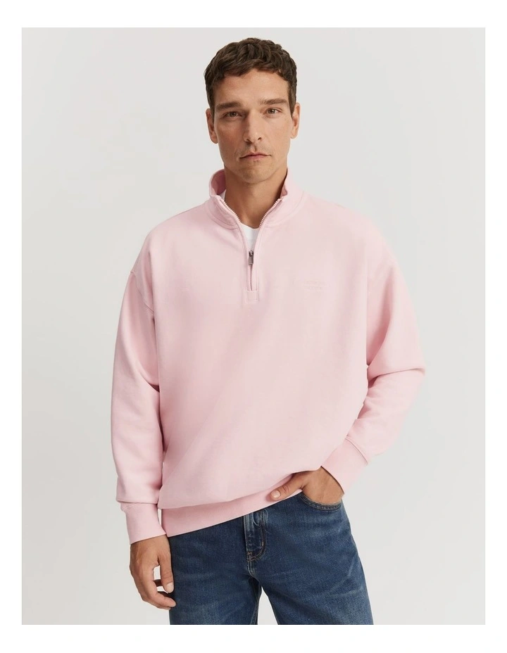 Oversized Half Zip Sweat in Chalk Pink