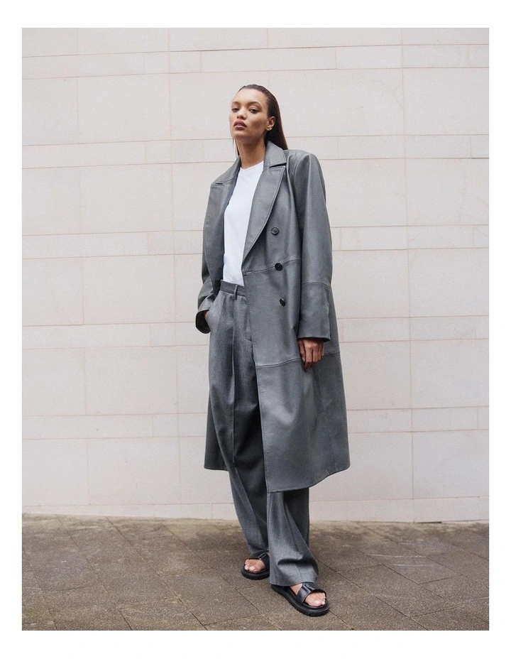 Leather Double Breasted Coat in Mid Grey