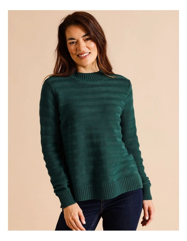 Organic Cotton Blend Patterned Stripe Jumper With Straight Hem in Pine