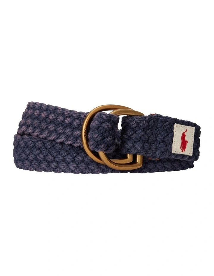 Leather-Trim Cotton Belt in Navy