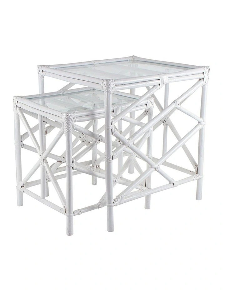 Berdine Rattan Side Table with Glass Top 2 Piece 40/45cm in White