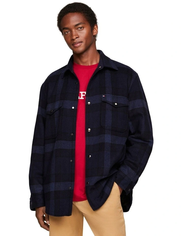 Wool Blend Check Overshirt in Navy