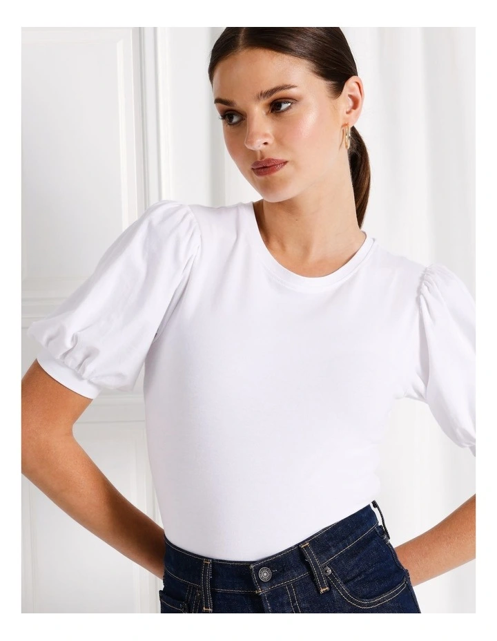 Organic Cotton Blend Puff Sleeve Tee in White