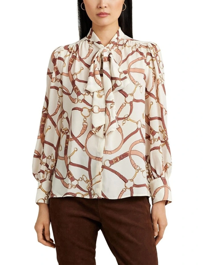 Belting-Print Georgette Tie-Neck Blouse in White