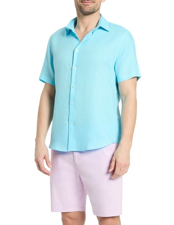 Felix Short Sleeve Linen Shirt in Aqua