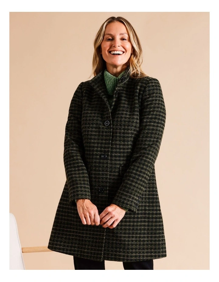 Lined Check Coat With Stand Neck in Charcoal/Greens Small Check