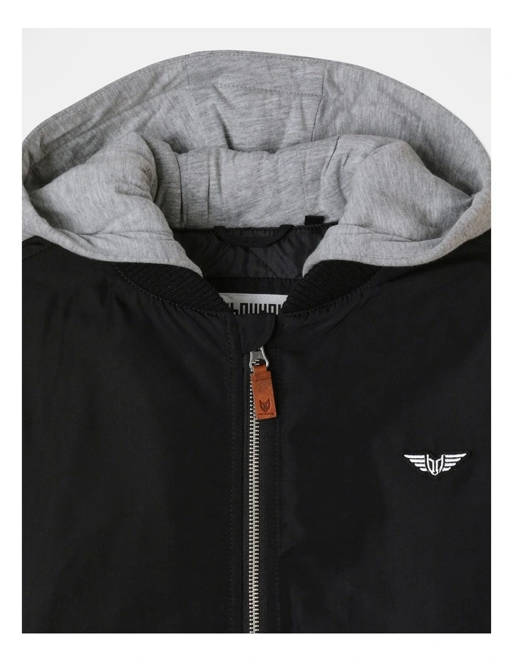 Woven Bomber Jacket With Hood in Black