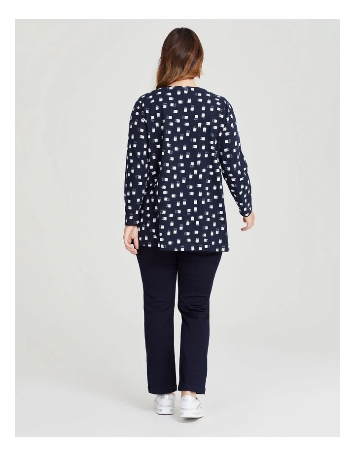 Cotton Brushstroke Print Top in Navy/off White