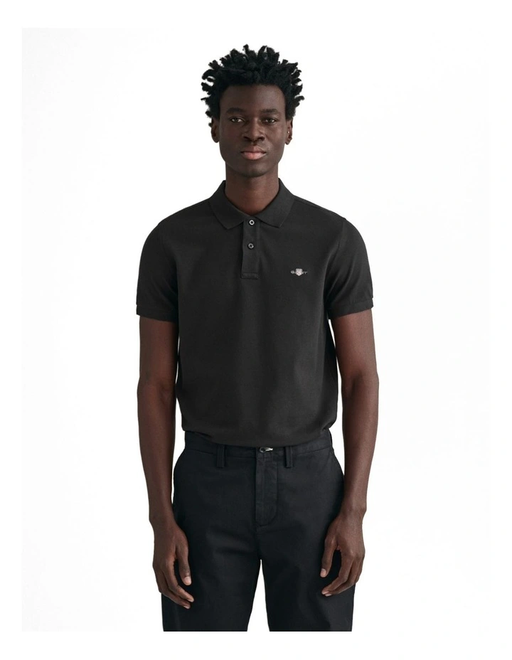 Slim Fit Shield Pique Polo Shirt in Black