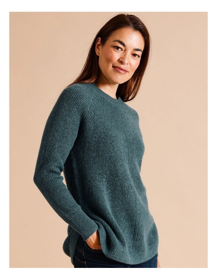 Diagonal Rib Jumper With Curved Hem In Teal