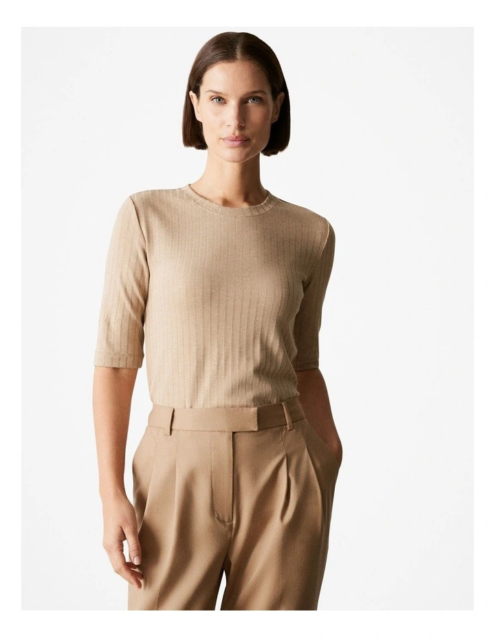 Bamboo Viscose Marle Rib Half Sleeved T-shirt in Camel