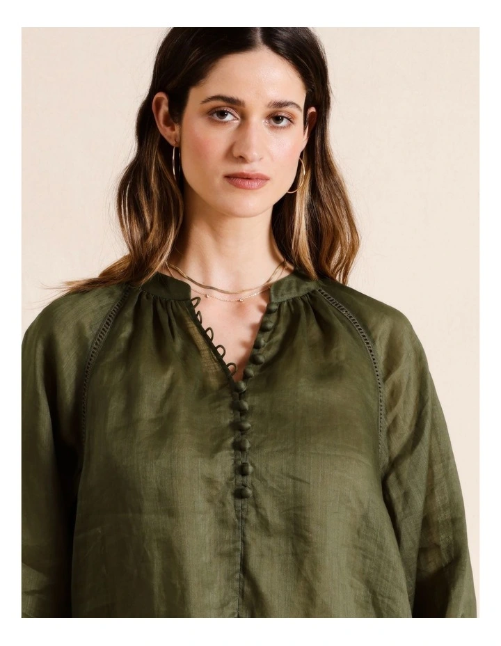 Ramie High Neck Button Blouse in Khaki