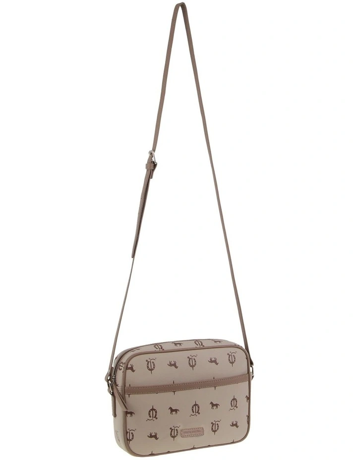 Canvas Print Leather Trim Square Cross-Body Bag in Beige