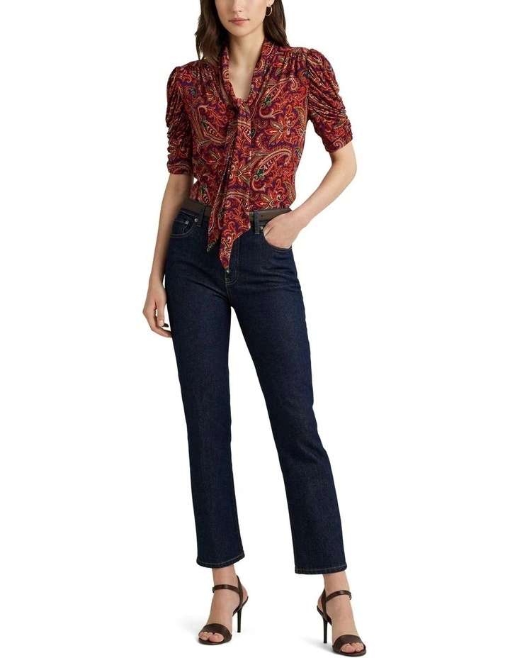 Paisley Jersey Puff-Sleeve Tie-Neck Top in Multi