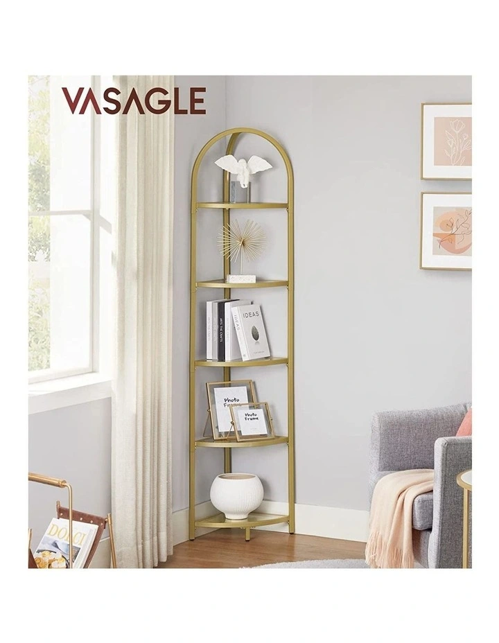 5 Tier Corner Ladder Bookshelf Tempered Glass Modern Style in Gold