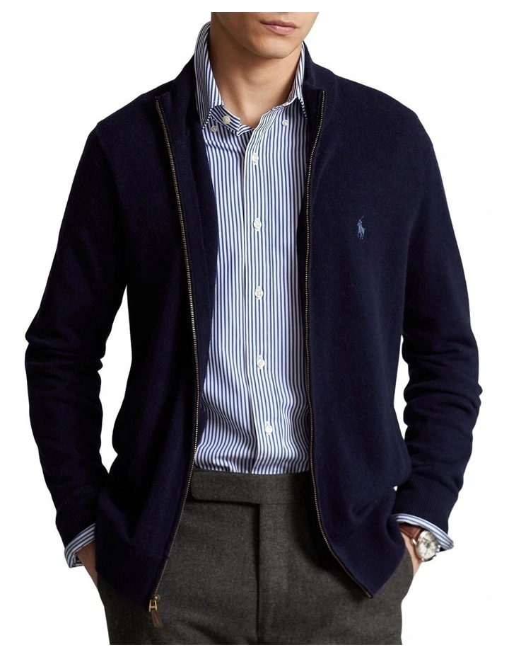 Wool Full Zip Sweater in Blue