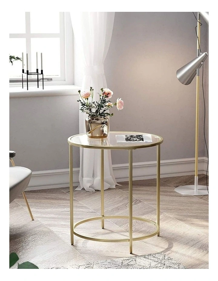 Round Glass Side Table with Tempered Glass in Gold Metal