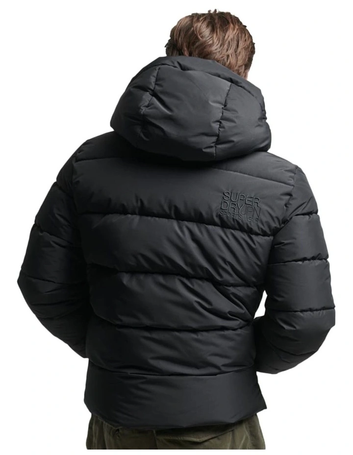 Hooded Sports Puffer Jacket in Black