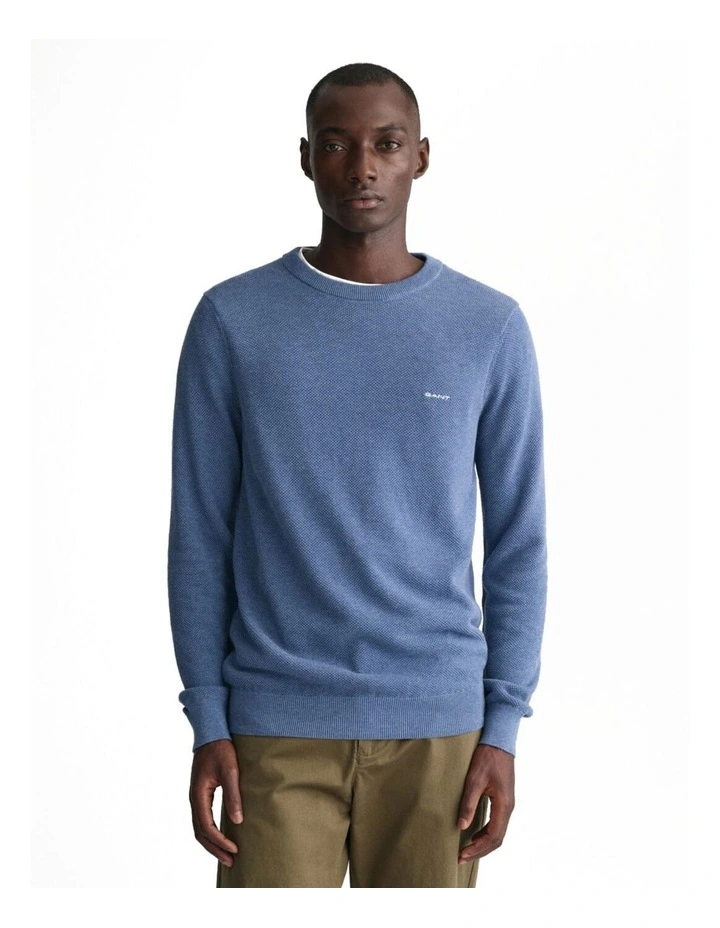 Cotton Pique Crew Neck Sweater in Denim Blue Melange