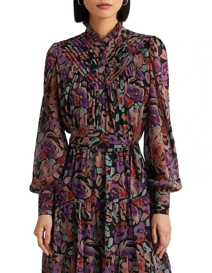Floral Belted Crinkle Georgette Dress in Black