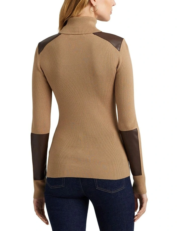 Faux-Leather-Trim Ribbed Turtleneck Top in Beige