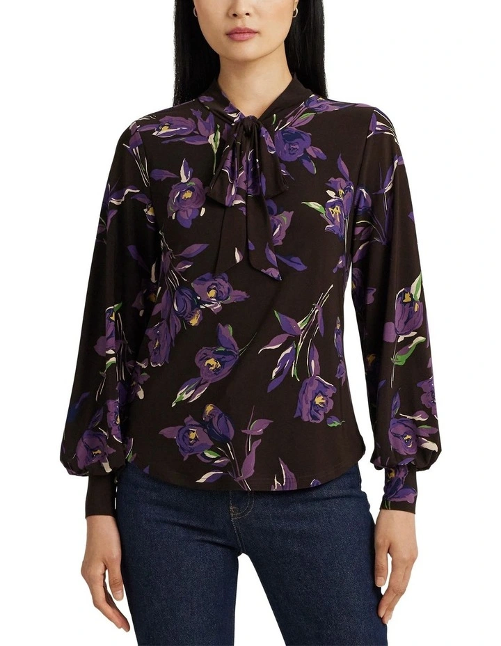 Floral Stretch Jersey Tie-Neck Top in Multi