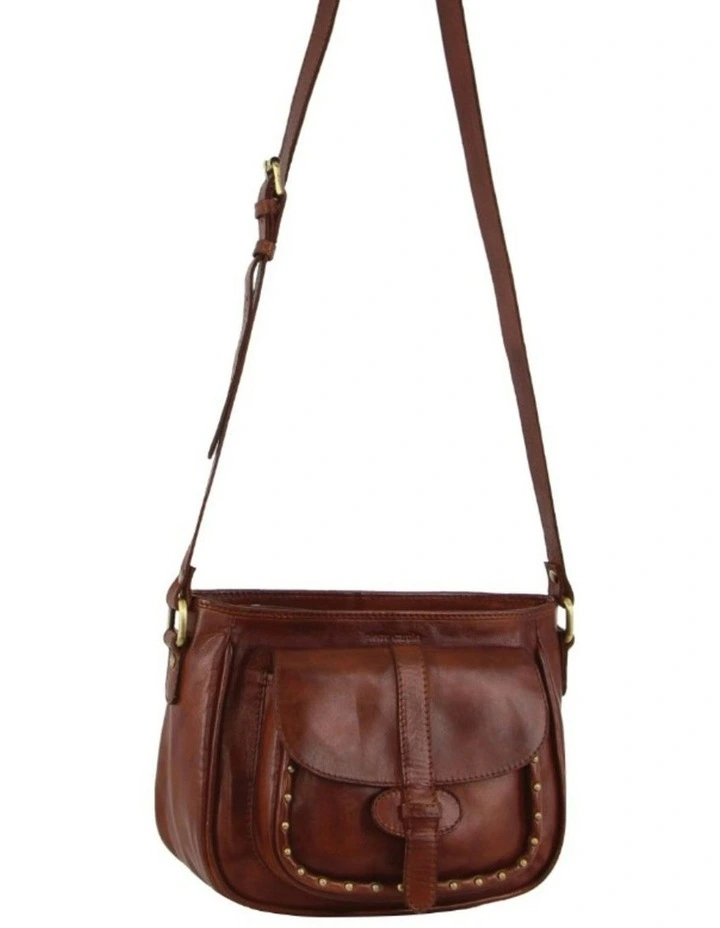 Leather Stud Detail Cross Body Bag in Tan